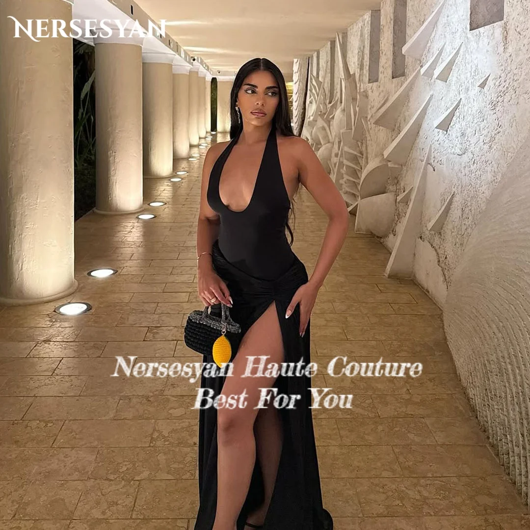 Nersesyan luxe noir sirène robes de soirée col en V profond fente latérale robe formelle plis moulante femmes robes de soirée personnalisé