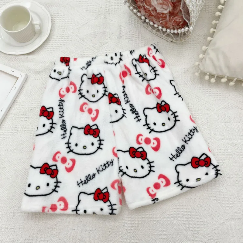 Sanrio Hello Kitty Y2k Shorts Flannel Soft Women's Pyjama Trousers High Waist Wide  Leg Hot Pants