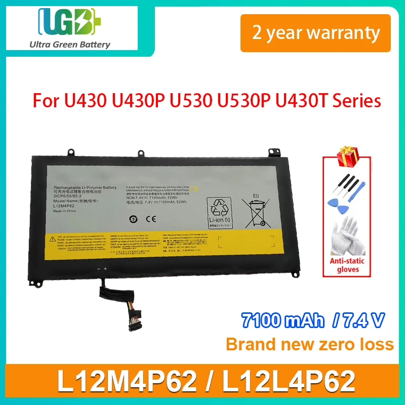 

UGB New L12L4P62 L12M4P62 Laptop Battery For Lenovo IdeaPad U430 U430P U530 U530P U430T Series 2ICP6/55/85-2 7100mAh 7.4V 52Wh