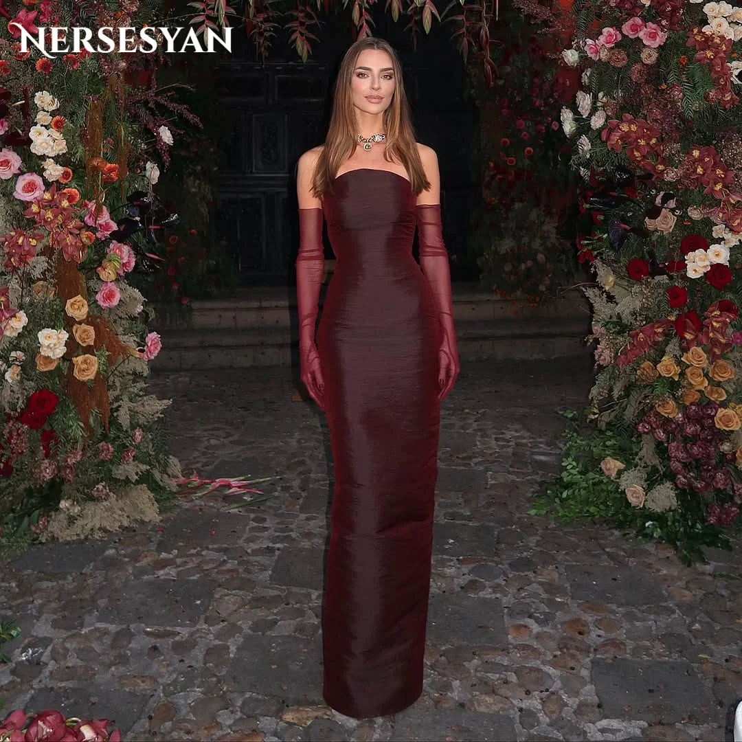 

Nersesyan Burgundy Elegant Mermaid Evening Dresses Off Shoulder Pleated Formal Dress Arab Women Party Gowns No Gloves Customized