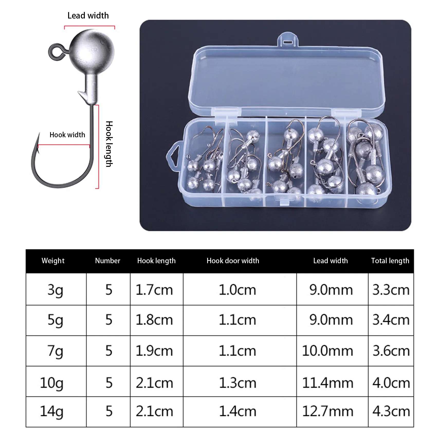 Hot AD-25Pcs Fishing Hook Set 3G-14G Lead Jig Head Fishhooks With Lure Hard Box For Soft Lure Fishing Accessories