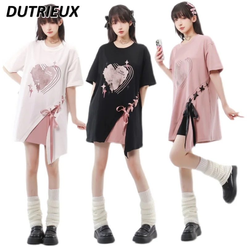 

Summer New Lace-up Casual Patchwork Short-Sleeved T-shirt Sweet Cute Girl Round Neck T Shirt Loose Straight Mid-Length Top