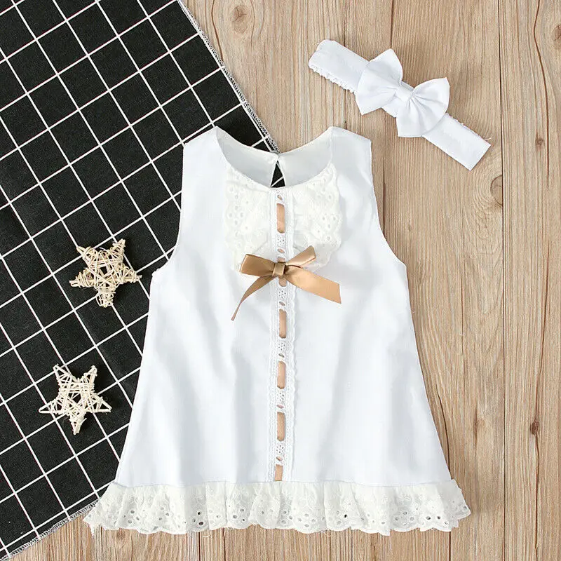 0-24 Months Newborn Infant Baby Girls Dress White Princess Lace Bowknot Sleeveless Dress Headband Clothes Outfit Sets