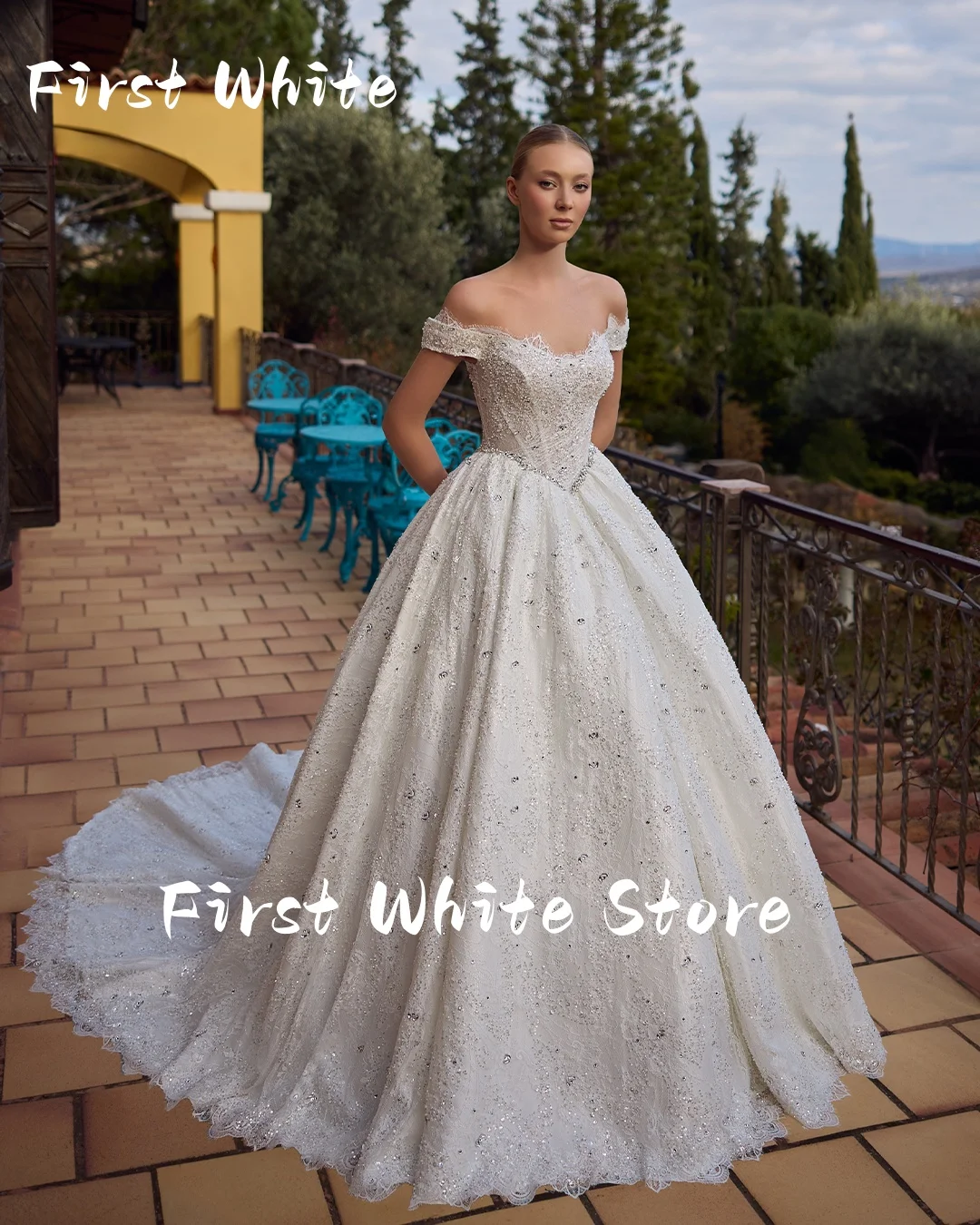 Customized Exquisite Bridal Ball Gown Off Shoulder Sequins Sleeveless Wedding Dress 2026 Sweep Train Bride Gowns