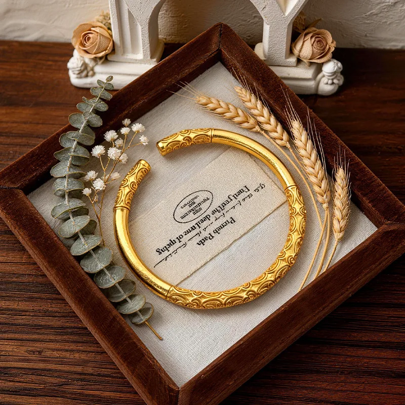 Vietnam sand gold new Chinese style ancient gold 6mm curly grass grain golden hoop bar open bracelet gift to girlfriend 9999gold