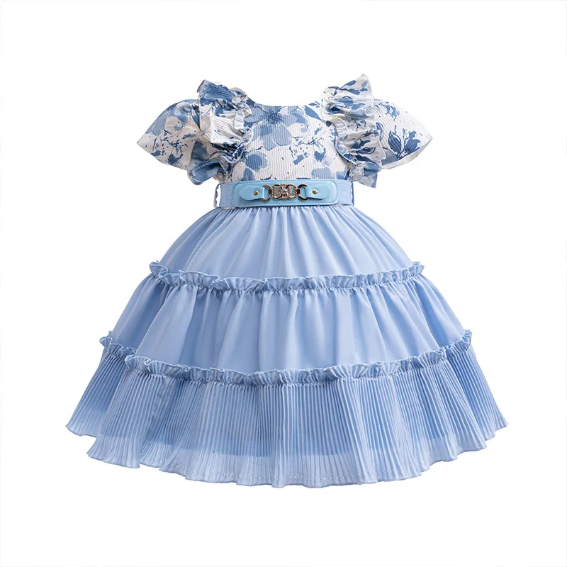 Baby Girl Princess tutu Dress flowers printing belt Infant Toddler Child flower girls Wedding Party Pageant Birthday Ball Gown