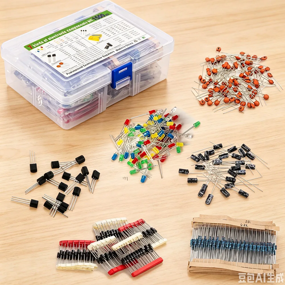 

1400/1500PCS Electronic Components Kit Extensive Resistor Range Diverse LED Light-emitting Diode Capacitors Ceramic-Tile Bag