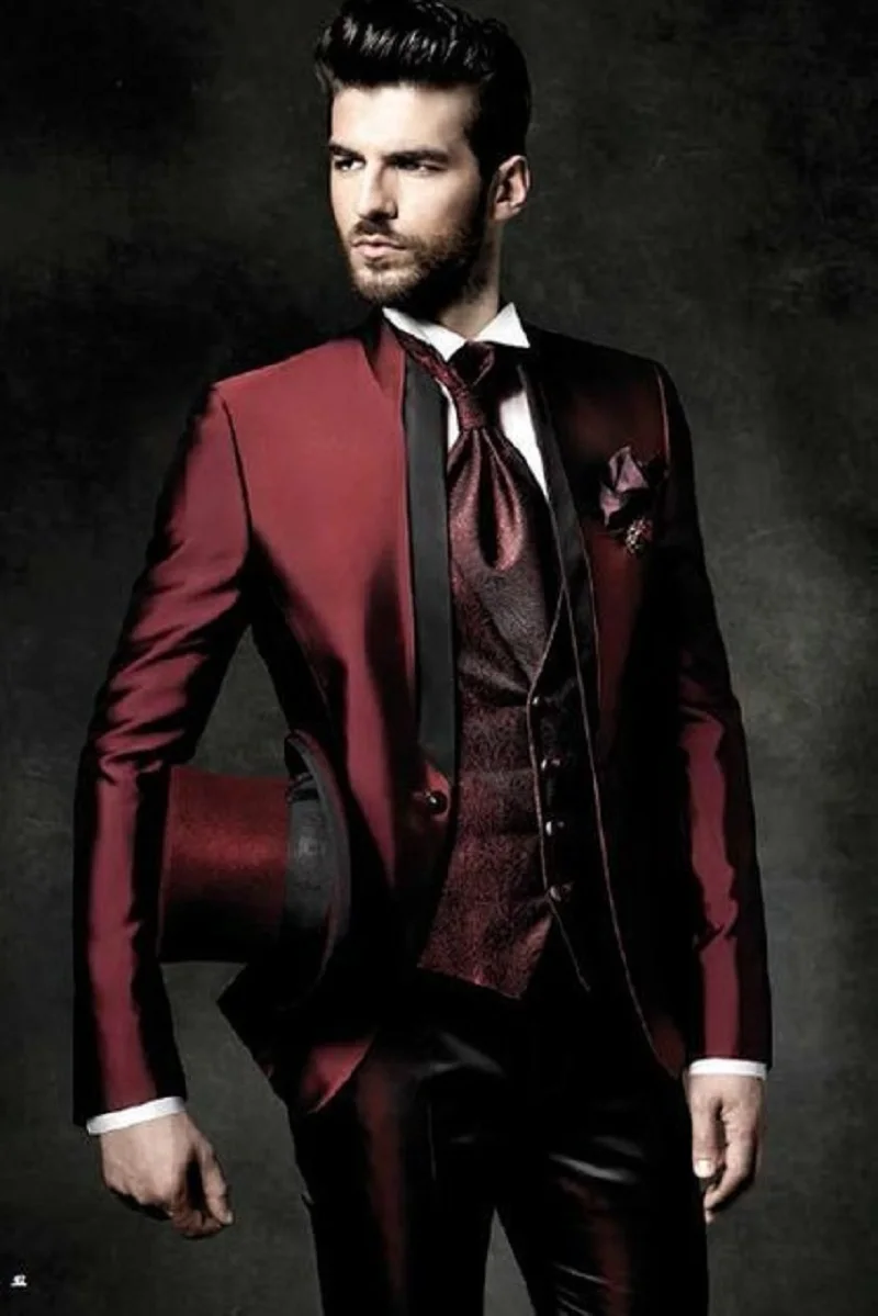 High Quality One Button Dark Red Groom Tuxedos Groomsmen Men Suits Costume Homme (Jacket+Pants+Vest)