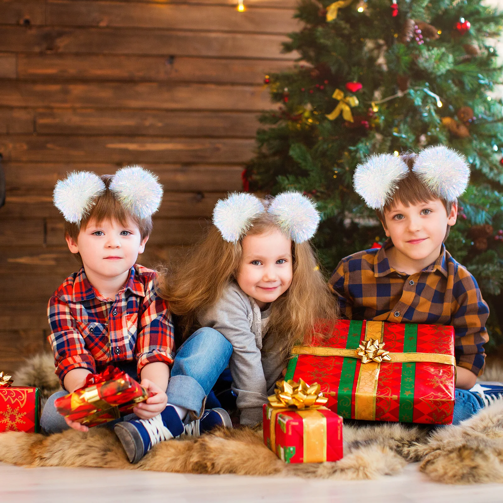 

Children Headband Tinsel Foil Small Pompom Christmas Cosplay Party Performance Headdress Glittery Hair Hoop Tinsel Hair Hoop