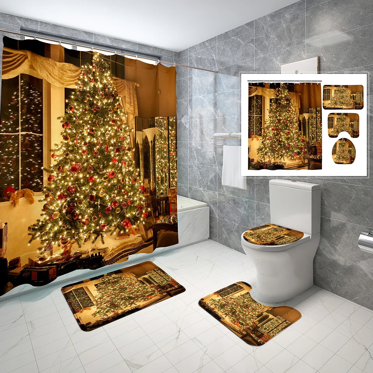 4 PCS Christmas Shower Curtain Set Classical Tinsel Christmas Ornaments Shower Curtain Bathroom Non-Slip Bath Mat Toilet Cover