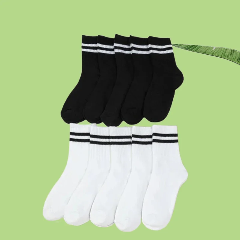 

5/10 Pairs 2024 New Top Quality Women's Cotton Socks High Tube Mid Length Sock Set Women Solid Black White Parallel Bars Socks