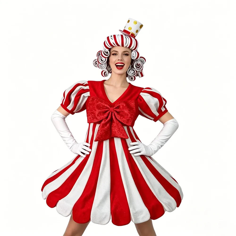 

Women Red White Striped Dress with Long Gloves Christmas Carnival Clown Stage Costume Halloween Festival Performance Fancy Dress