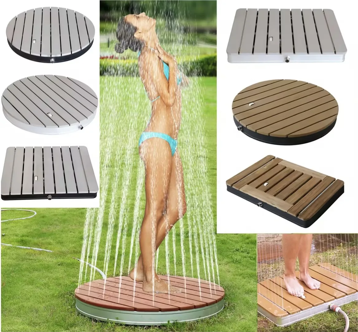 Round & Square Outdoor Foot-Activated Shower Mat Anti-Slip PS Wood Self-Watering Pool Garden Backyard Portable Shower Platform