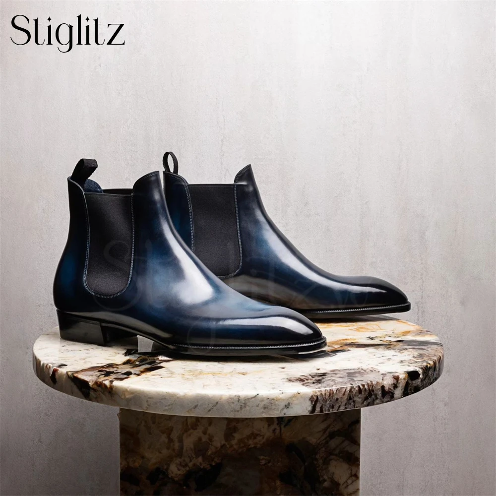 Almond Toe Chelsea Booties Formal Occasions Haute Couture Ankle Boots Genuine Leather Hand-Polished Stitched Slip-On Men's Boots