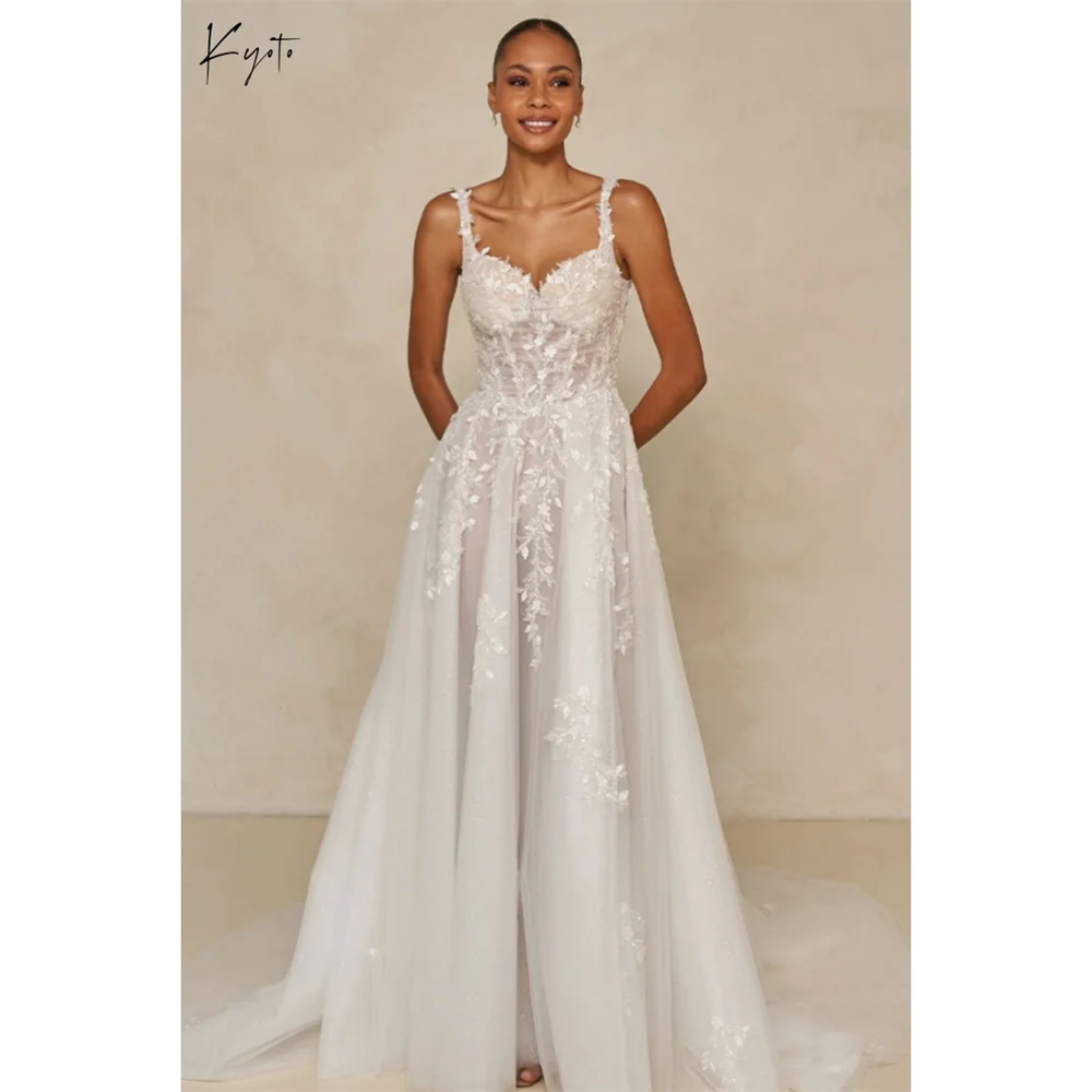 

Kyoto Customized White Appliques A-line Backless Wedding Dress Side High Split vestidos de noche Court Train robe de mariée 2026