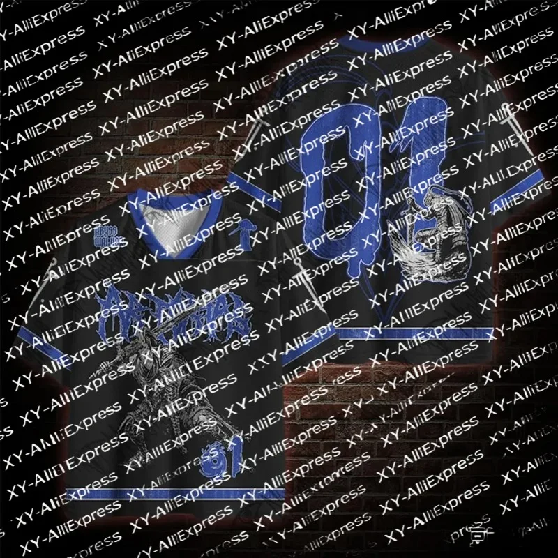 Men Short Sleeve V-Neck Mesh Jersey Black Blue Dark Knight Warrior Print, Breathable Sport Jersey for Goth Street Party