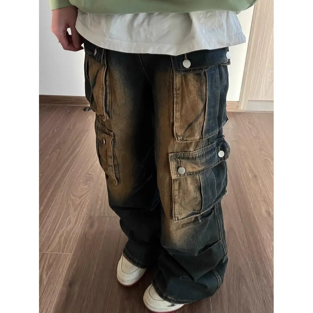 Men's Multi-pocket Retro Street Style Jeans Wide Leg Pants Casual Baggy Male Bottom Cool Boy High Waist Denim Y2k Trousers