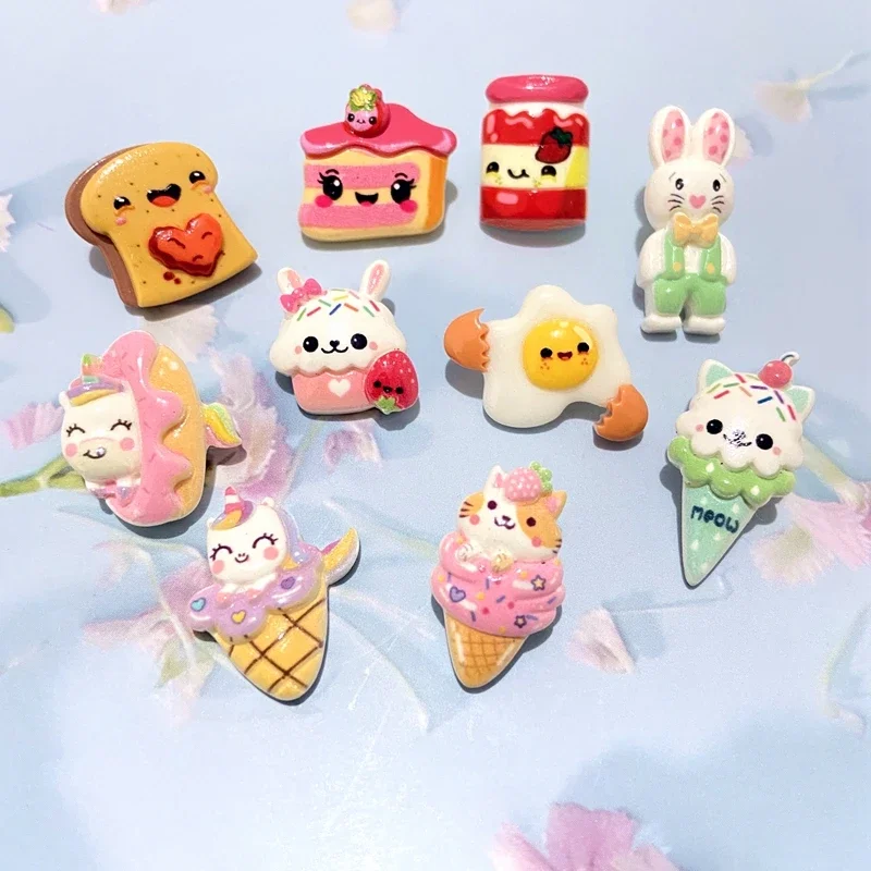 10Pcs Mix Unicorn Doughnut Cake Drink Ice Cream Fruit Jam Egg Planar Resin Accessory Home Decor Cartoon Dessert Jewelry Make