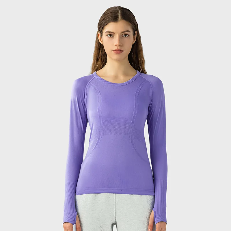 T-shirt à manches longues et col rond pour femme, haut de Yoga, de Sport, de Fitness, de gymnastique, respirant, avec prise de pouce, couleur unie