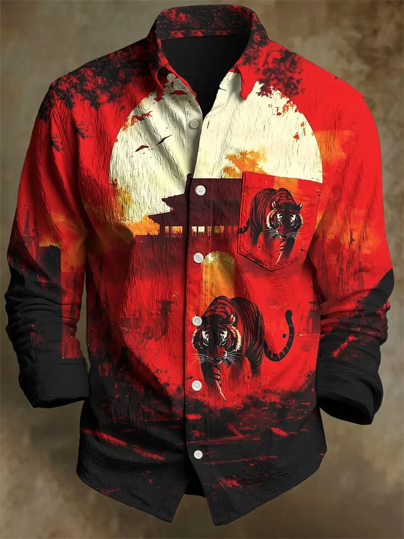 New Men's National Style Tiger 3D Crow Printed Pattern Shirt Retro Street Vintage Casual Shirt Clothing