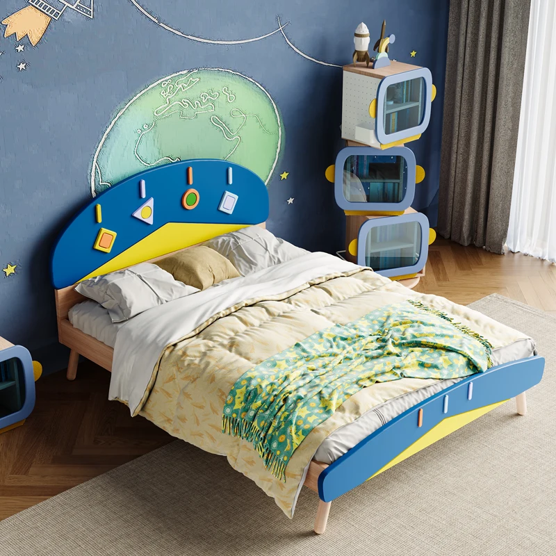 Cama de espacio de madera maciza de dibujos animados para niños, Cama grande individual para habitación de niños, dormitorio de haya empalmado