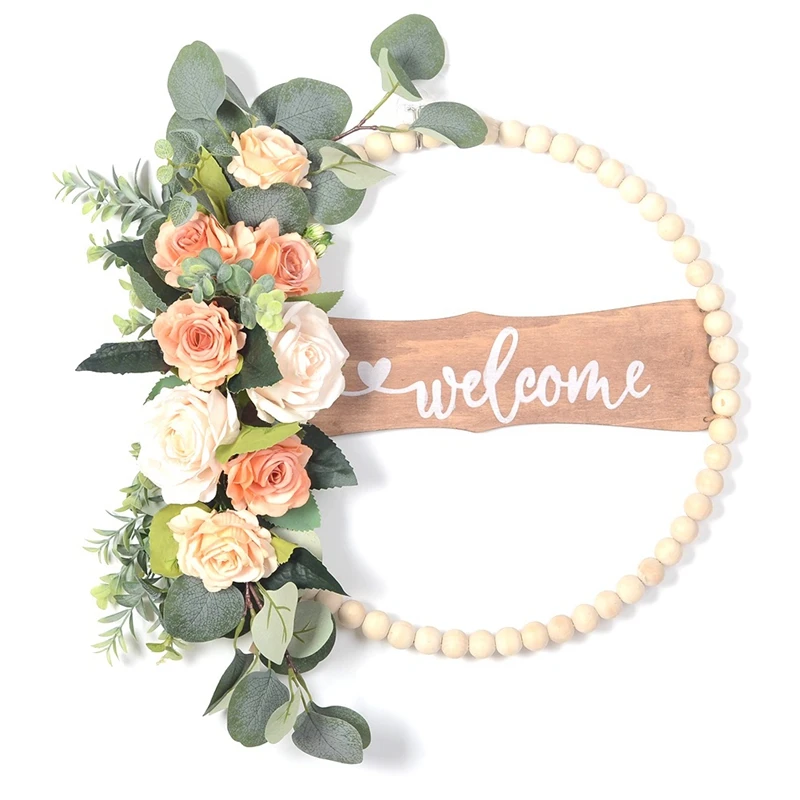 All Seasons Floral Wreath For Front Door, Wood Beads And Eucalyptus Wreath, Indoor Outdoor All Seasons Floral Wreath