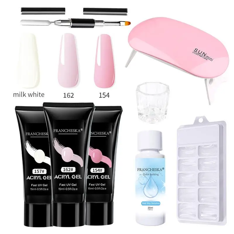 

Nail Extension Kit Crystal Poly Gel Sequin Solid Semi Permanent Brush Tool Color Light Therapy Gel Primer Sealer Combo Pack