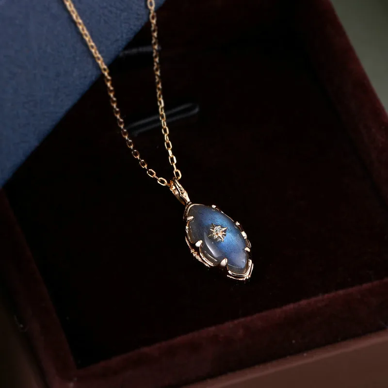 LAMOON Retro Style Bijou Pendant Necklace For Women Natural Dark Grey Labradorite 925 Sterling Silver Gold Vermeil Fine Jewelry