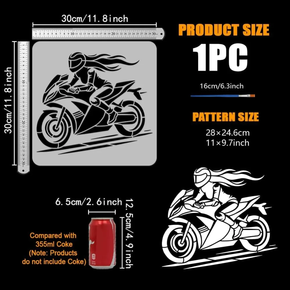 Motorcycle Female Rider Stencil - Large 11.8x11.8inch Reusable Stencil - DIY Craft Template - Motorcycle Theme Stencils for Home