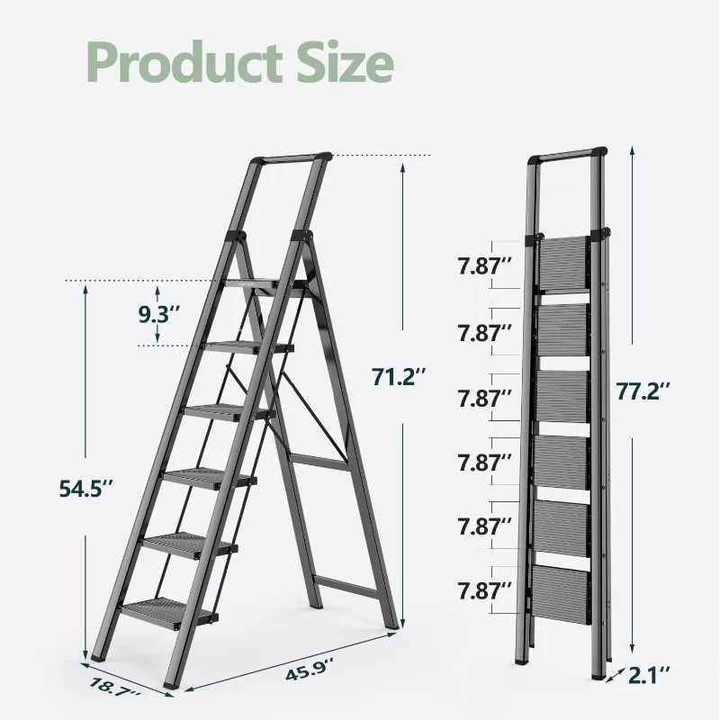 6-traps ladder, lichtgewicht opvouwbare ladder met antislip brede pedalen, trapladder met veilige leuning, voor thuis, keuken, 300 lbs-zwart