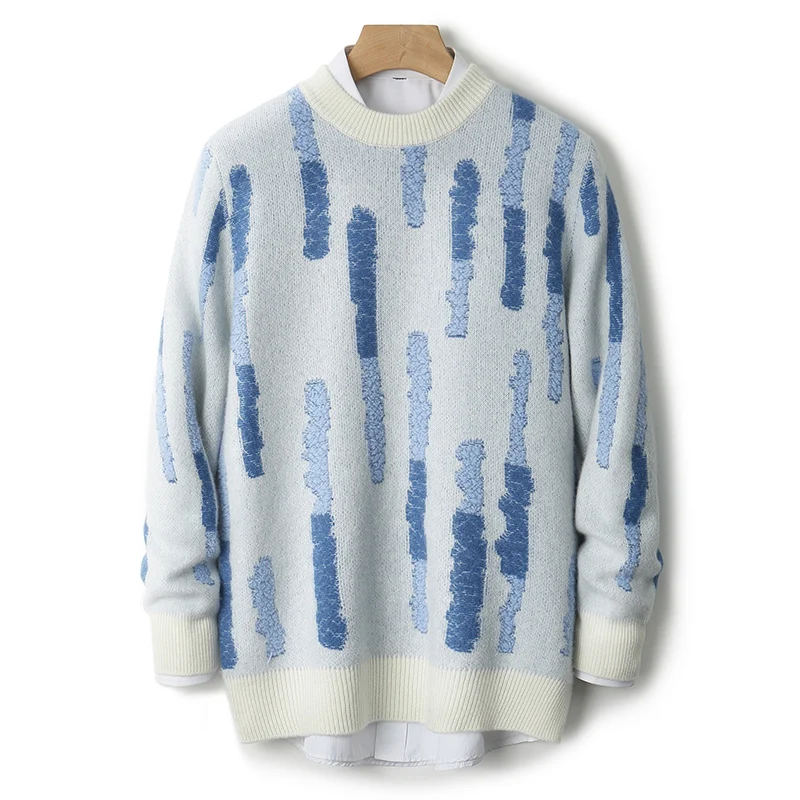 جديد 100% الصوف الخالص الرجال س الرقبة البلوز 2025 الخريف/الشتاء اللون مطابقة قمة عادية سميكة موضة كبيرة الحجم البلوز سترة