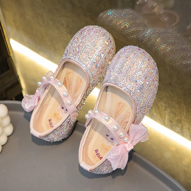 Girls Oxfords Bling Shoes Spring Autumn Kids School Dancing Shoes Pearl Beadings Big Girls Soft PU Leather Shoes Pink, White