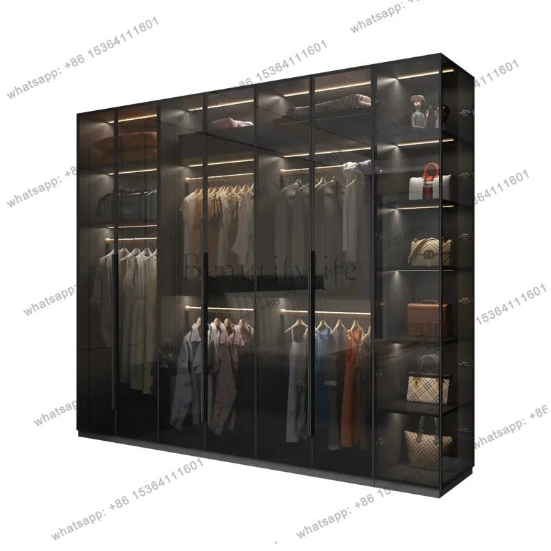 Factory Direct Open Glass Door Double Clothes Wardrobe Store Organizer Luxury Storage Cabinet/ Closet Dress Room System Bedroom
