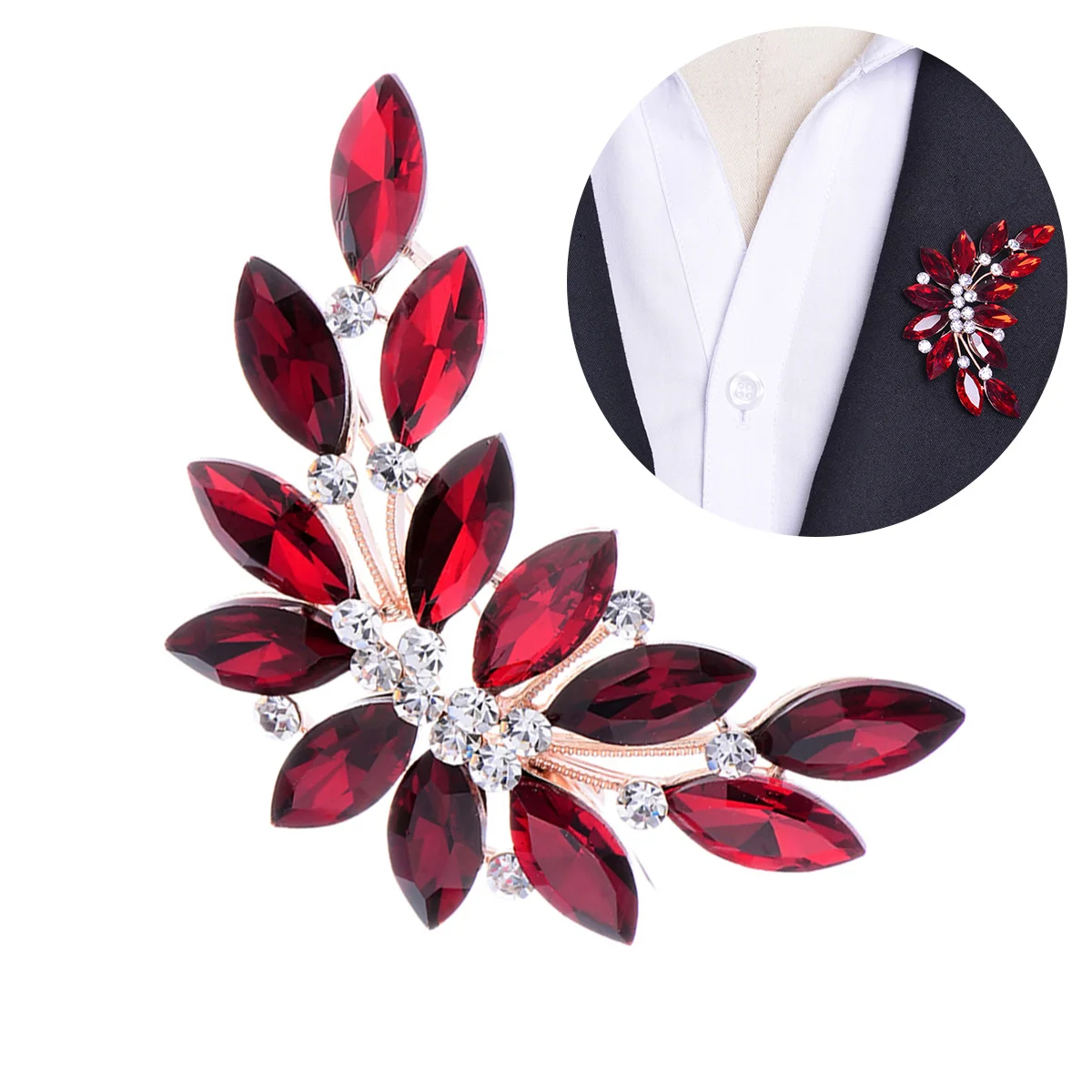 明るい赤色のクリスタルリーフ型ブーケブローチラインストーンウェディングブライダルコサージュ、ブライズメイド、プロム、特別な機会、女性用