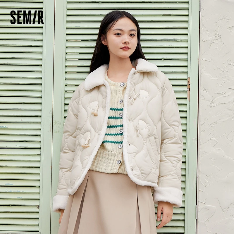 

Semir Cotton Coat Women with Imitation Rabbit Fur Collar Loose Gentle Sweet 2023 Winter New Horn Button Cotton Jacket