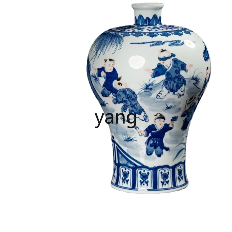 L'm'm Hand Painted Blue and White Porcelain Bottle Chinese Children Plum Vase Porcelain Living Room Decoration