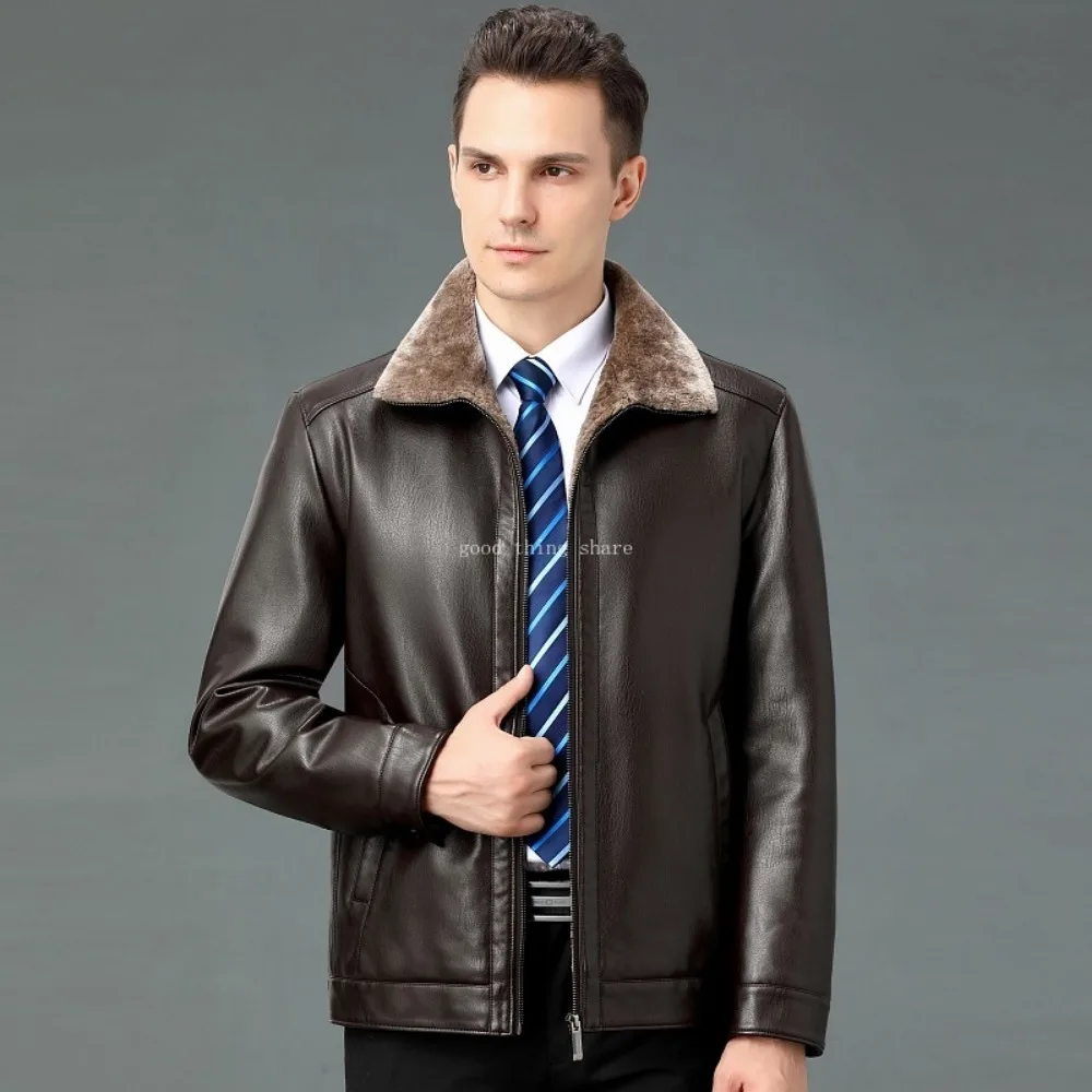 Men's Genuine Leather Clothes plus Size Dad's Fur Integrated Warm Jacket