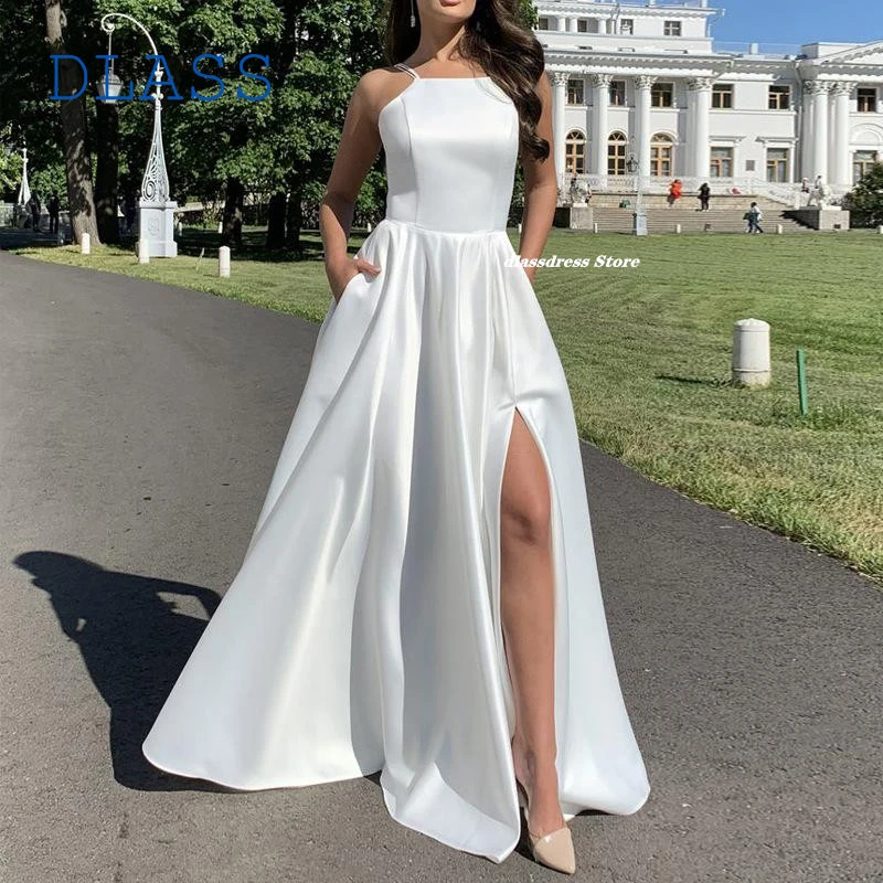 Elegant White Long Prom Dresses 2024 Sexy High Thigh Split Spaghetti Strap Top A Line Simply Evening Party Bridal Ball Gowns