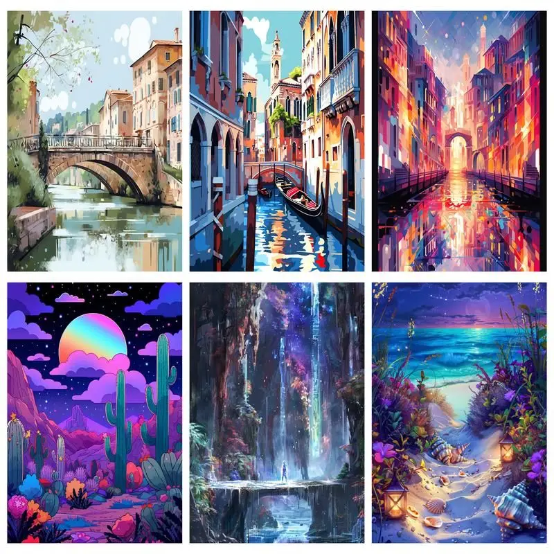 

PhotoCustom Acrylic Painting By Numbers Landscape Of Big Cities Handicraft Art With Frame Coloring By Number Wall Decor