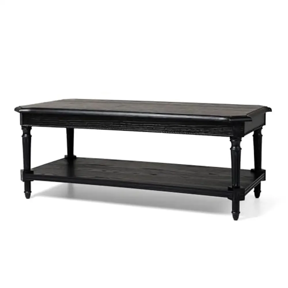 2 Tier Hand-Carved Wooden Coffee Table Rustic Black Finish Elegant Design Solid Wood Construction Luxe Living Room Furniture