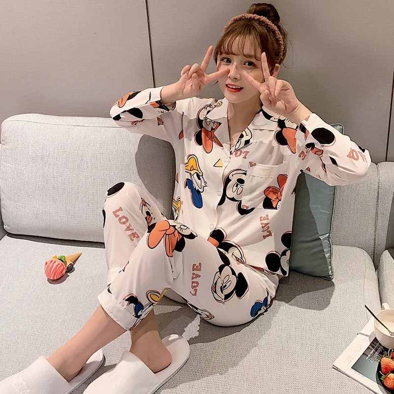 Disney Mickey Ice Silk Pajamas Cartoon Lapel Long Sleeve Casual Loose Cardigan Donald Duck Women's Pajamas Silk Loungewear