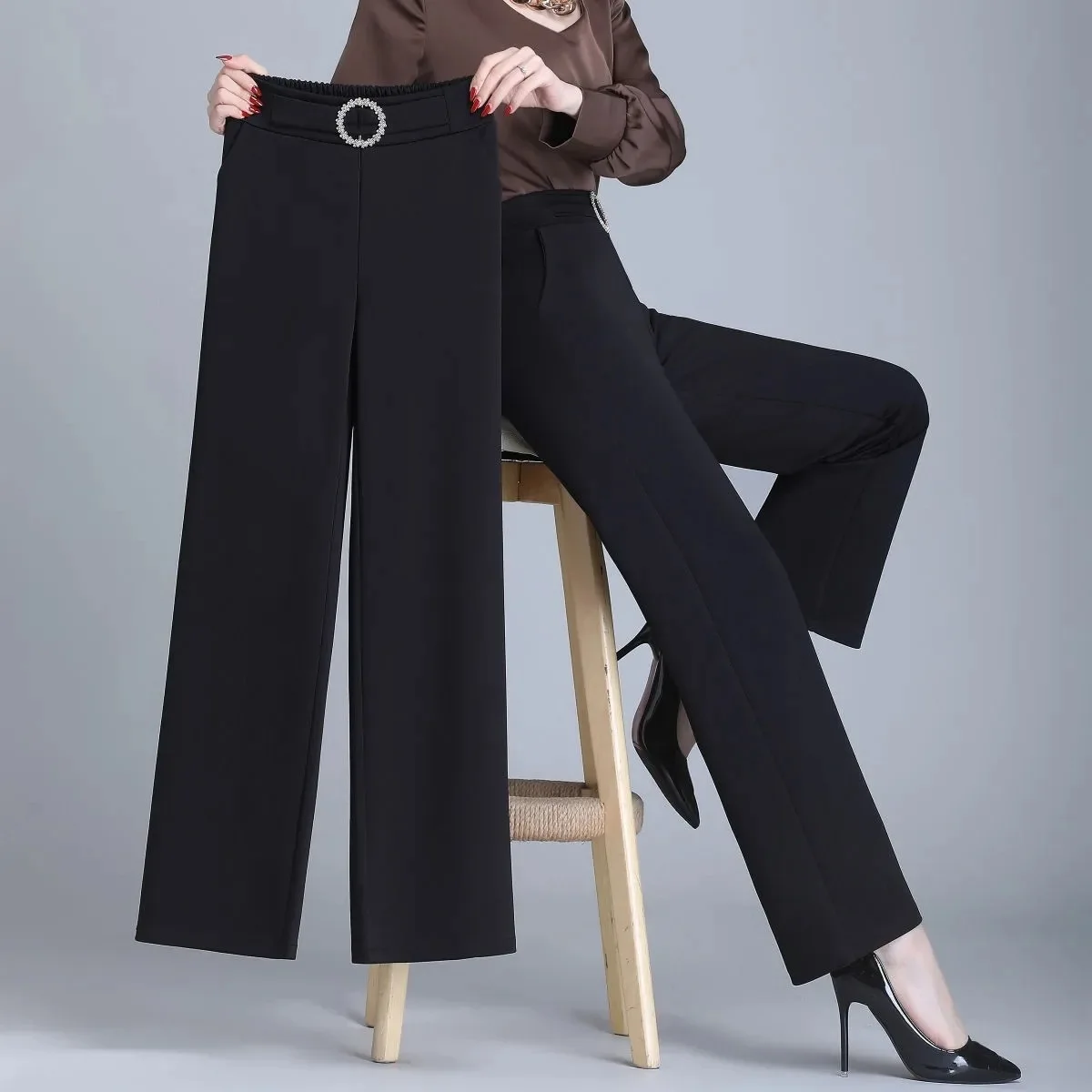 ارتفاع الخصر التخسيس سراويل تقليدية مريحة المرأة الربيع الصيف نمط جديد مايكرو متوهج ثنى مرونة المألوف واسعة الساق... #1