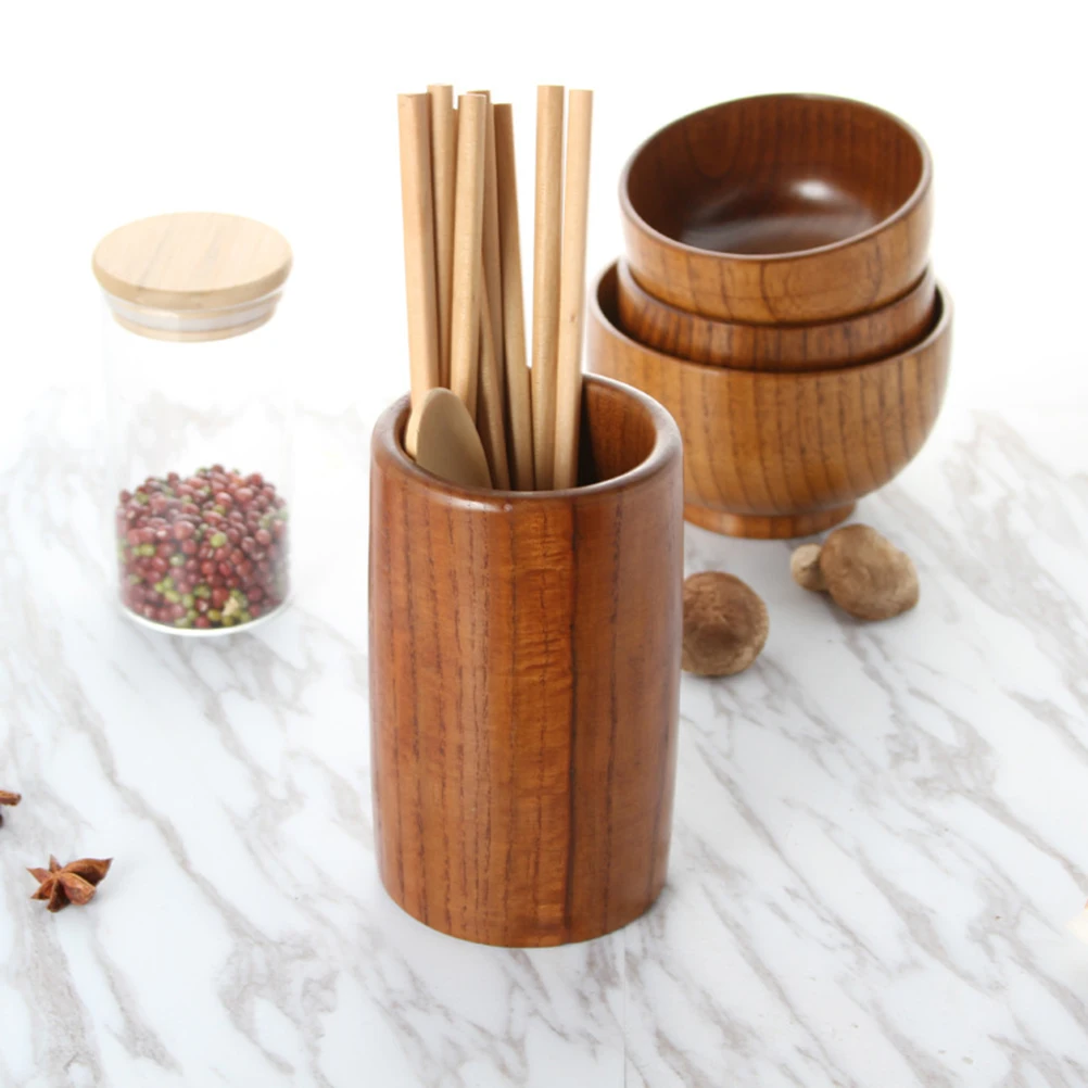 

Natural Wood Utensil Holder Round Eco-Friendly Chopsticks Organizer Kitchen Tool Holder Spatula Fork Spoon Crock Organizer