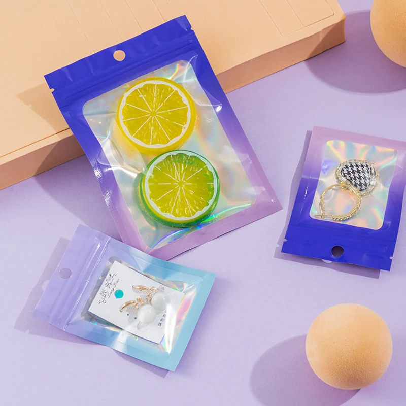 Holografische Aluminiumfolie Zip Lock Mylar Tassen Cosmetische Make-Up Gradiënt Laserbags Heat Seal Hologram Rits Top Platte Zakjes