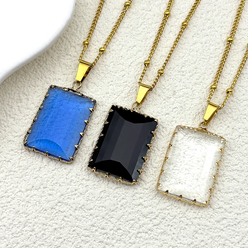 

Rectangular Geometry Glass Neck Chain For Women Men Stainless Steel Blue Black Clear Trendy Pendant Necklace Jewelry Accessories