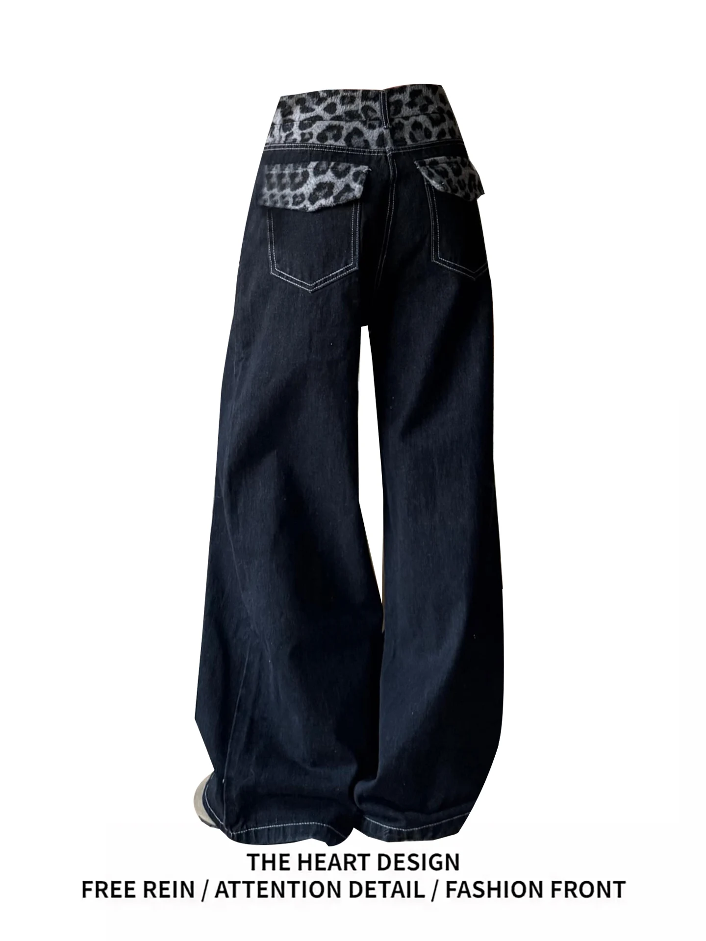 

American Leopard Print Splicing Waisand Jeans Women's Spring 2026 New High-End CleanFit Wide Leg Pants Casual Wear
