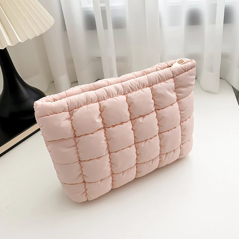 Quilted Travel Makeup Pouch Puffy Korean Version Handbag With Zipper Cosmetic Organizer Case Solid Color For Women Girls