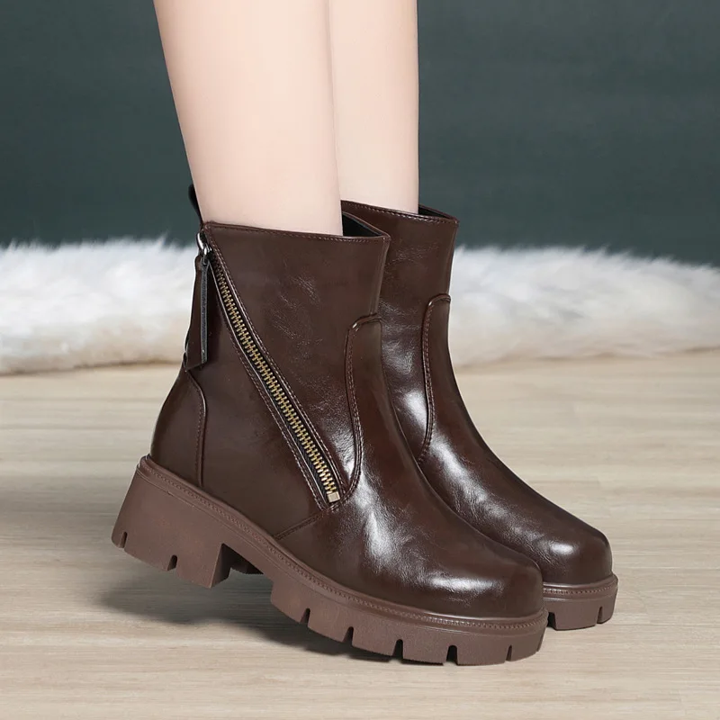 5cm Comfortable Retro Soft Leather Boots Women's Fur Shoes Platform 2026 Winter Square Heel Warm Wool Ankle Motorcycle Boots Mom