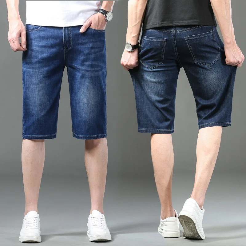 

Высококачественные летние классические мужские джинсовые брюки из хлопка, джинсы до колена, свободные прямые универсальные брюки, мужские брюки больших размеров