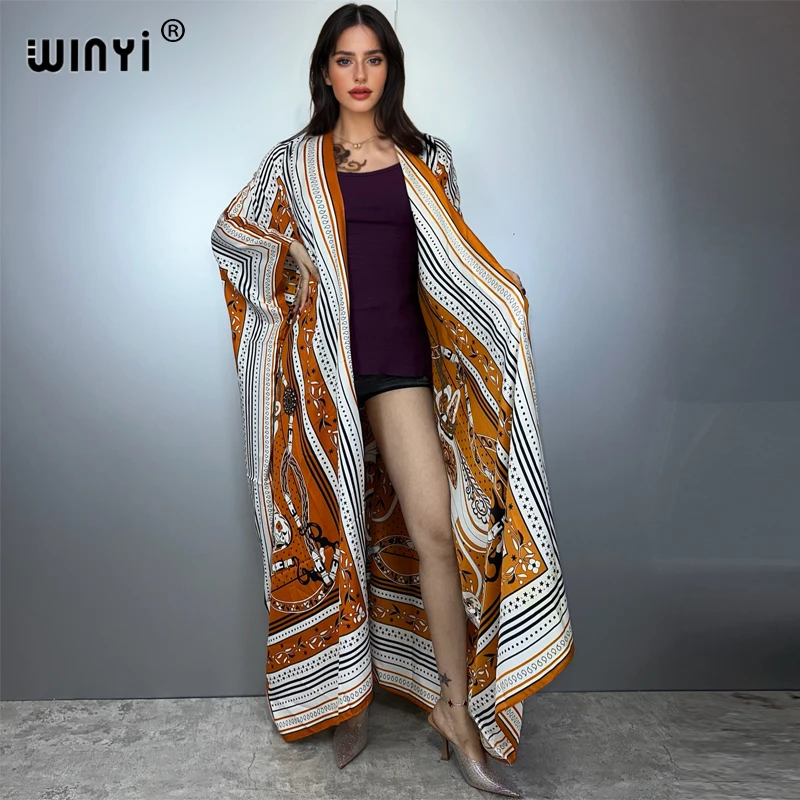 WINYI bohemian Kimono loose Cardigan beach outfits woman cover up evening dress long down coat maxi dress luxury beachwear